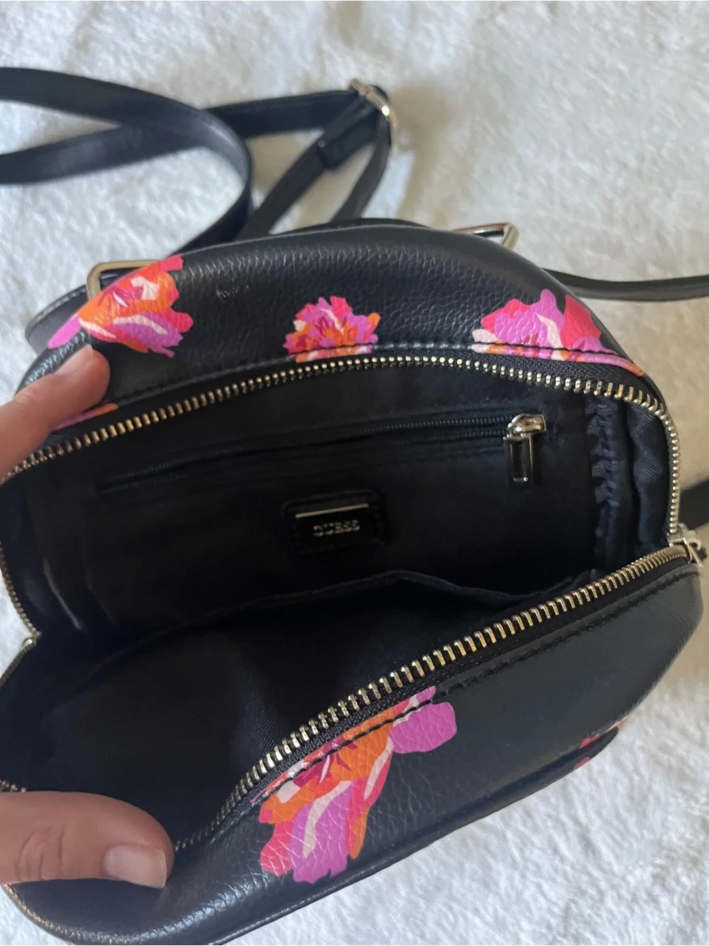 GUESS Black Mini Backpack with Pink and Orange Floral Print